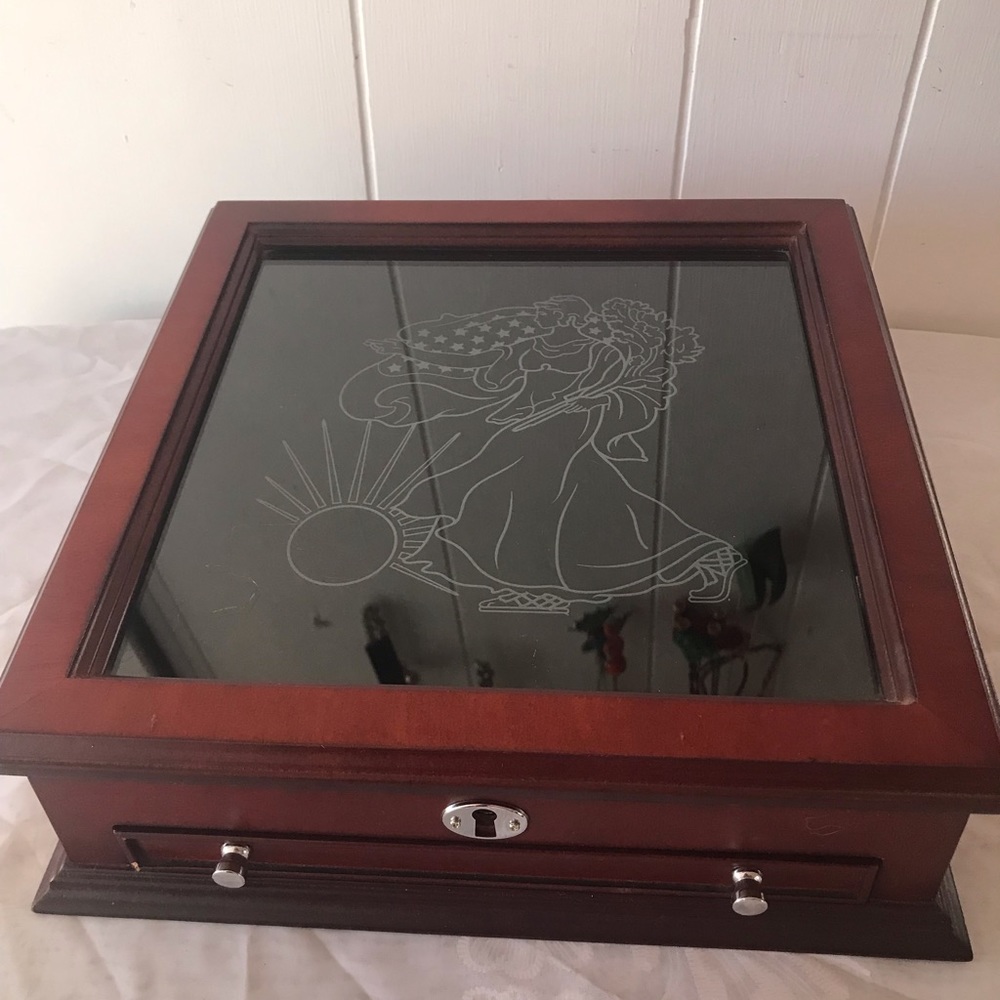 Large Glass Wood Walking Liberty Silver Coin Collection Case Box